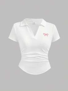 SHEIN Girlism 儿童夏季柔软舒适上衣三件套，黑/白/灰三色可选，百搭方领V领短袖T恤，设计师款夏季休闲Polo衫，修身合身剪裁，清新少女风，蝴蝶结刺绣纯色休闲Polo衫三件装，女童上衣套装，女童短袖上衣，女童针织衫，女童翻领衬衫，修身衬衫，青少年女童衬衫，舒适上衣，基础款女装上衣 - 彩色 - 查看 9