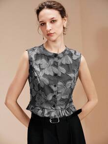 Arave Women's Elegant Cutout Fabric Button Vest - Dark Grey - View 1