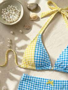 Swim Mod Bộ đồ bơi kẻ caro phối màu thanh lịch dành cho nữ cỡ lớn, phong cách học thuật ngọt ngào, thích hợp cho kỳ nghỉ biển. - Màu xanh lam - Xem 9