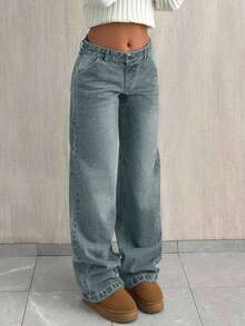 EURMUSE TALL SIZE LOW WAIST BAGGY LOOSE STRAIGHT LEG JEAN - Dusty Blue - View 4