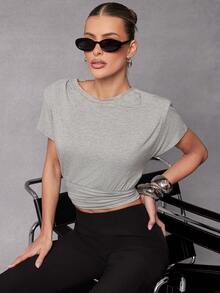 Hauture Women's Waist Cinching Tee Shirt With Shoulder Detail - Light Grey - View 4