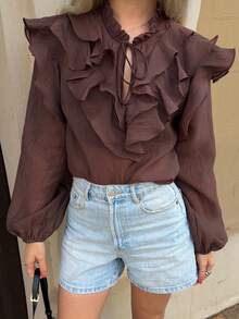 Livesso Blouse ample à col lavallière à volants pour femmes, automne printemps - Rouge foncé - Voir 1