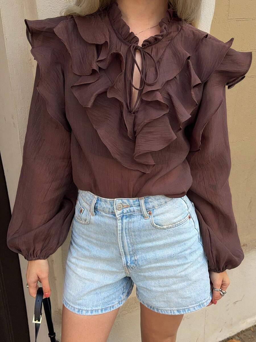 Livesso Blouse ample à col lavallière à volants pour femmes, automne printemps - Rouge foncé - Voir 1