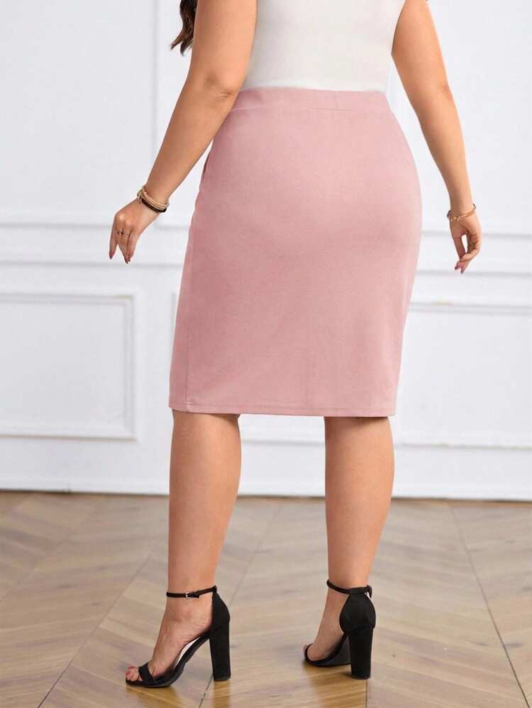 Plus Size Women's Elegant Elegant Office Commute Minimalist Solid Color Split Hem Fitted Pencil Skirt, Summer