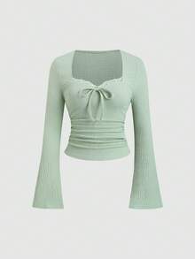 Sweetra Women Sage Green Elegant Fall Winter Date T-Shirt,Textured Lace Trim Tie Bow Design Flare Sleeve Elastic Tight Fitted Top For Party,Commute,,Travel - Mint Green - View 3