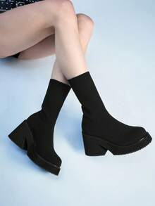 Sugerpunk Women's Embroidered Round Toe Platform Mid-Calf Boots, Fashionable Ankle Boots With Western Style Valentine's Day - Black - View 1