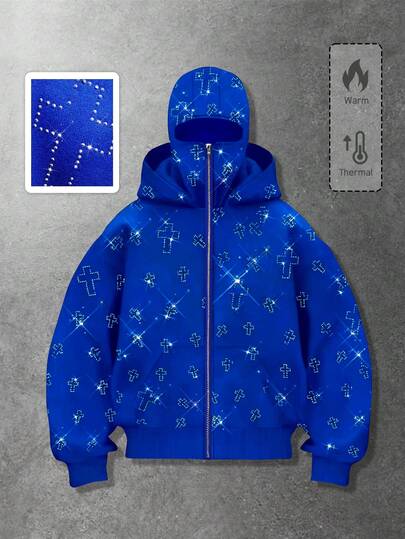 Street Life Fashionable Rhinestone Embellished Hooded Sweatshirt With Pockets, Zipper Front Sweatshirt Hoodie For Men