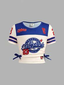 SHEIN 2pcs/Set Young Girl Casual Cute Jersey Letter Print Blue & White Top Tee And Flared Pants Outfit - Blue and White - View 5