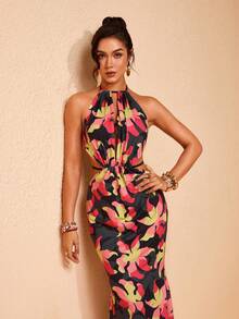 JIAN LASALA Multicolor Tropical Floral Print Halter Sleeveless Backless Long Dress Women Summer Elegant - Multicolor - View 6