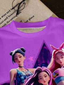 2pcs/Set Women Idol Group Printed Casual Short Sleeve Top And Loose Pants Set, Suitable For Spring/Summer - Black - View 3