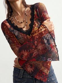Bohemela Casual Knit Mesh Patchwork Lace V-Neck Flare Sleeve Fitted Cropped Women Top - Mocha Brown - View 5