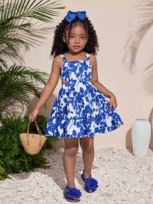 Young Girl Summer New Chiffon Blue Floral Hollow Back Bow Strap Dress, Suitable For Beach, Vacation, Outdoor Trips - Blue - View 2