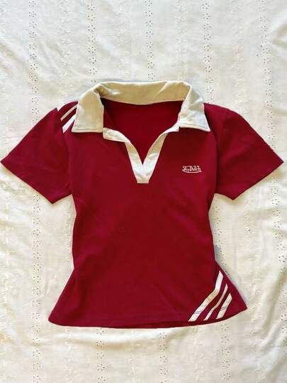 Glimmora Embroidered Collar Fitted Short Sleeve T-Shirt For Women