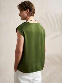Airaco Men's V-Neck Satin Sleeveless Casual Shirt - Dark Green - View 2