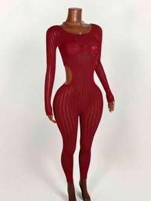 Mistrie Bộ jumpsuit dài tay cổ tròn khoét eo màu trơn gợi cảm dành cho nữ, thích hợp cho hẹn hò hoặc dự tiệc. - Màu Đỏ Sâu - Xem 3
