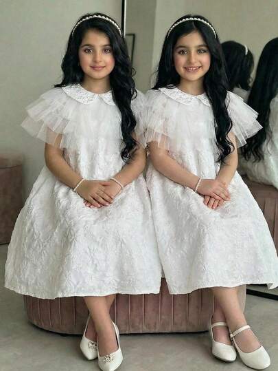 少女彼得潘领花卉提花网纱拼接荷叶边下摆可爱连衣裙