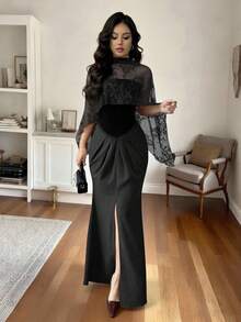 SHEIN Elenzya 女士复古酒红色天鹅绒蕾丝披肩，A字鱼尾裙摆，适合日常穿着、婚礼、晚宴、通勤、毕业派对、节日、约会、聚会、万圣节、圣诞节、新年、感恩节等场合 - 中长款连衣裙 - 黑色 - 查看 4