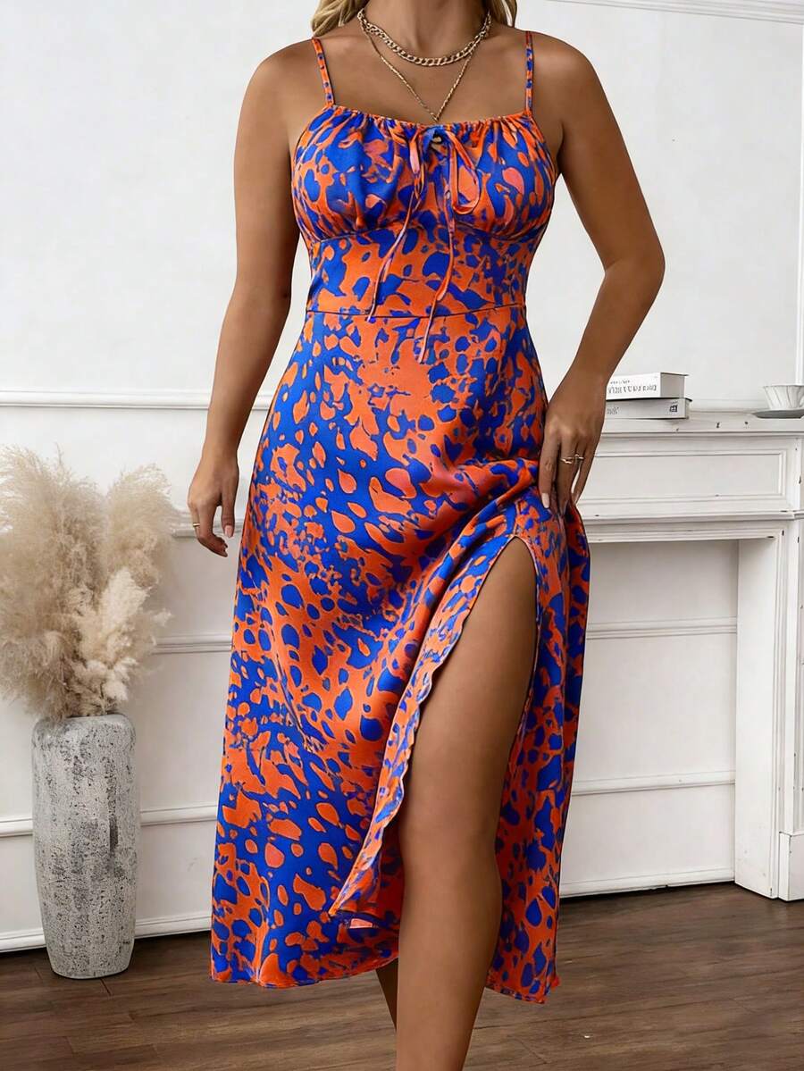 SHEIN Clasi 女士大码梭织休闲连衣裙，适合新年、情人节、感恩节、圣诞节、复活节、派对、除夕夜、圣诞派对、圣诞装饰、圣诞家居服、家庭春假等场合。 - 橘色 - 查看 1