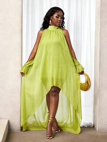 BamGleam 女士荧光绿露肩不对称下摆宽松连衣裙 - 綠色 - 查看 5