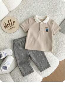 SHEIN 男婴卡通印花短袖Polo衫上衣和裤子休闲日常套装 - 白色 - 查看 2