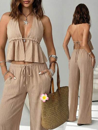 SHEIN EZwear 2 piezas Conjunto casual de vacaciones para mujer con top halter sin espalda y pantalones en color caqui tejido
