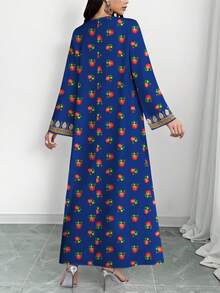 SHEIN Najma Women's Floral Embroidery Print V-Neck Long Sleeve Elegant Arabic Maxi Dress, Spring/Autumn - Multicolor - View 2