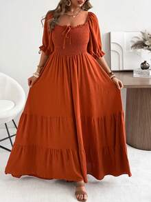 Ceyna Casual Boho Plus Size Long Maxi Dress Burnt Orange Raglan Half Sleeve Layered Tiered Woven Fabric For Women Holiday Picnic Summer - Burnt Orange - View 6