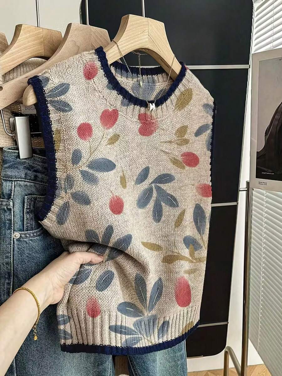 EMERY ROSE 春夏时尚休闲度假沙滩装女装加大码印花毛衣背心，撞色滚边，加大码女式沙滩度假服饰 - 灰色 - 查看 1
