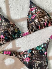 Swim Mod Women's Leopard Print Random Beaded Necklace Bikini Set, Spring/Summer - Multicolor - View 4