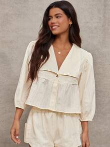 WESTFADE 100% Embroidered Striped Cotton Cape Collar Puff Sleeve Tiered Ruffle Babydoll Top - Apricot - View 5