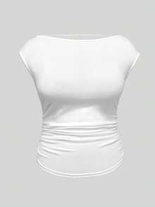 EMERY ROSE Plus Size Solid Color Boat Neck Ruched Fitted Casual Summer Fashion T-Shirt - Multicolor - View 3