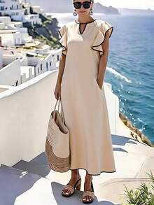 SHEIN Holidaya 杏色长连衣裙，黑色撞色滚边，V领，荷叶边下摆，超大袖子，女士款 - 杏色 - 查看 4