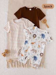 SHEIN Playful Pals Bộ 3 món áo liền quần cho bé trai, họa tiết dễ thương + kẻ sọc + màu trơn, mềm mại và thoải mái, thích hợp mặc ở nhà, chơi thể thao ngoài trời và dự tiệc. - Màu Khaki - Xem 6