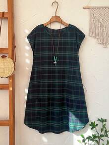 EMERY ROSE 大码女式格子圆领蝙蝠袖宽松休闲连衣裙 - 彩色 - 查看 6