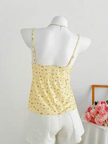 Comfortcana 女士碎花撞色蕾丝休闲吊带背心 - 黃色 - 查看 2