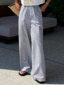 Livesso Women's Casual Striped Wide Leg Pants - Grey - View 4