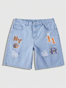 ROMWE MEN Street Life Teen Boy's Casual Fashion Street Daily Commute Letter & Basketball Print Distressed Denim Shorts, Summer - Blue - View 1