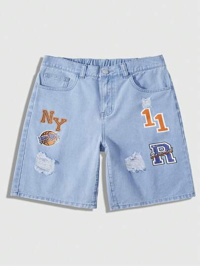 ROMWE MEN Street Life Teen Boy's Casual Fashion Street Daily Commute Letter & Basketball Print Distressed Denim Shorts, Summer