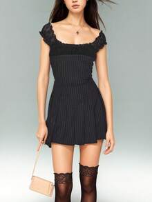 Rina Fox 女士条纹印花蕾丝拼接迷你连衣裙 - 黑色 - 查看 1