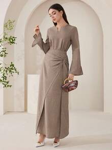 Veilorie Women's Solid Color V-Neck Long Sleeve Shirt And Waist Twist Midi Skirt Elegant 2-Piece Set - Mocha Brown - View 2