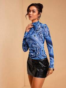 JIAN LASALA 性感印花薄纱网眼长袖立领修身沙滩度假装 - 藍色 - 查看 3