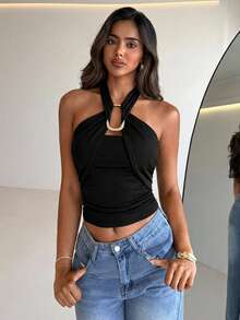 Aloruh 女士优雅金属扣装饰收腰褶皱系带露背上衣，春季女装，外出上衣，夏季上衣，夏季度假装 - 黑色 - 查看 6