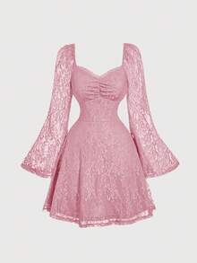 SHEIN MOD Women's Sweetheart Neck Ruched Bust Flare Sleeve Lace Dress ,Summer Dress,Spring Dresses For Women - Pink - View 2