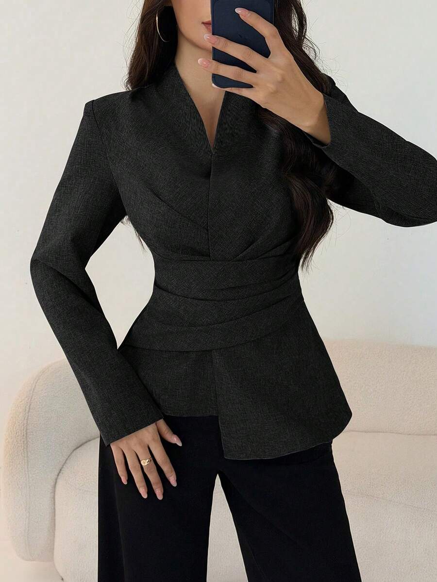 NOVVYNE 女士优雅灰色长袖A字褶皱衬衫，收腰设计，披肩领，秋季款 - 黑色 - 查看 1
