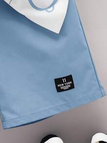 2pcs/Set Tween Boy Casual School Style Cute Pattern Round Neck T-Shirt And Shorts Set,Suitable For Commuting,Daily Wear,Sports,Spring/Summer - Blue - View 6