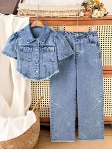 2pcs Tween Girl Classic Washed Blue Rhinestone Denim Top And Jeans Set