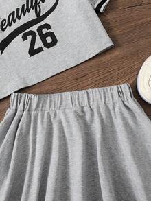 SHEIN Tween Girls Letter & Number Print Round Neck Short Sleeve T-Shirt And Mini Skirt Casual Outfit - Grey - View 4