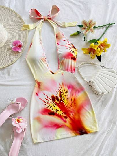 Soleia 女士印花深V领性感迷你连衣裙，度假风