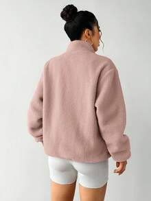 Exploreva Women's Contrast Color Zipper Front Loose Outdoor Sports Jacket Pink Fleece Jacket Women Zip Up Sweatshirt Oversized Comfy Jacket Lounge Wear Jacket Fleece Zip Up - Dusty Pink - View 6