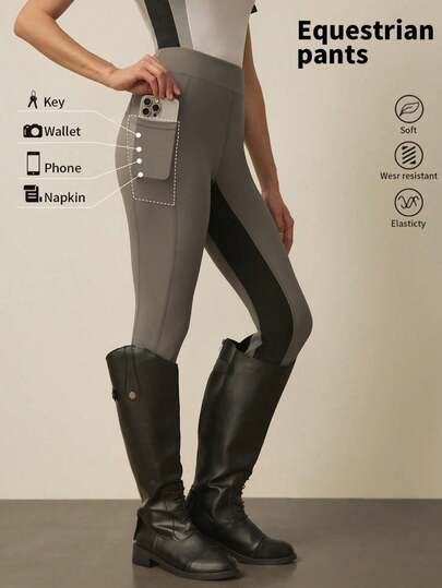 With My Calm Women's High Waist Tight Equestrian Pants With Contrast Color Pockets Riding Pants Horse Riding Pants Riding Breeches Women's Leggings With Pockets Women's Leggings With Pockets